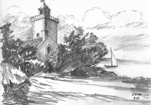 Zeichnung SW Alter Leuchtturm mit Segelboot