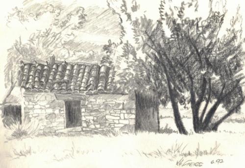 Zeichnung SW Bauernhütte im Feld