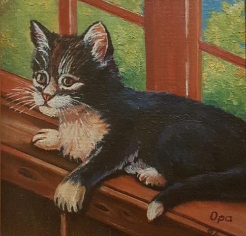 Kinderbild - Katze am Fenster - Ölbild