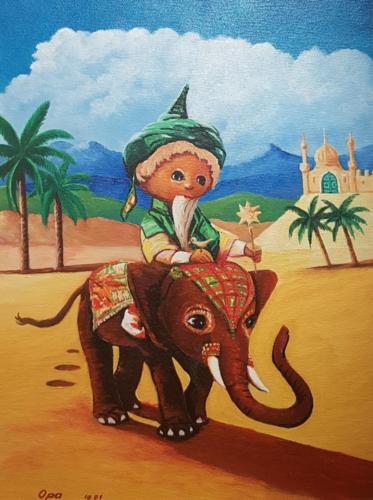 Kinderbild - Sandmännchen auf Elefant - Ölbild